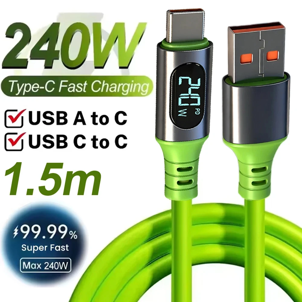 Cabo USB-C para USB-C PD 240W 6A com Carregamento Super Rápido e Display Digital, Transferência de Dados de Alta Velocidade para iPhone 17 Pro
