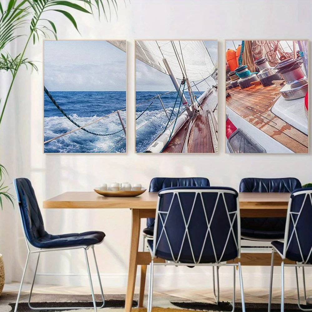 2D Flat 3pcs Unframed wall Piece Canvas Wall Art Sail Boat Navigating on The Waves Modern Home Art Stretched and Panels, 2D F