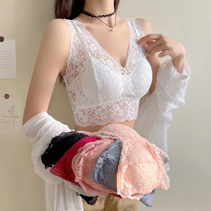 Lace Bras Top Women Sexy Deep V Neck Lingerie Wire Free Tank Tops Female Underwear V Back Bralette Tops Padded Camisole