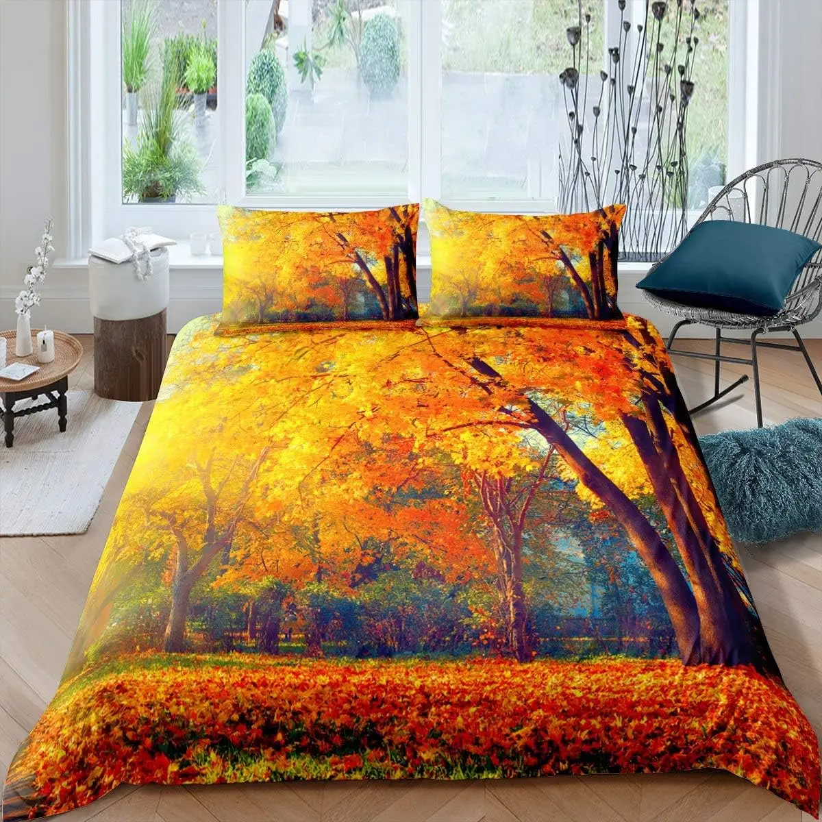 

Forest Duvet Cover Set,Nature Theme Fall Leaves Bedding Set For Woman,Autumn Trees Wood Hunter Woodland Red Branches Bedspread