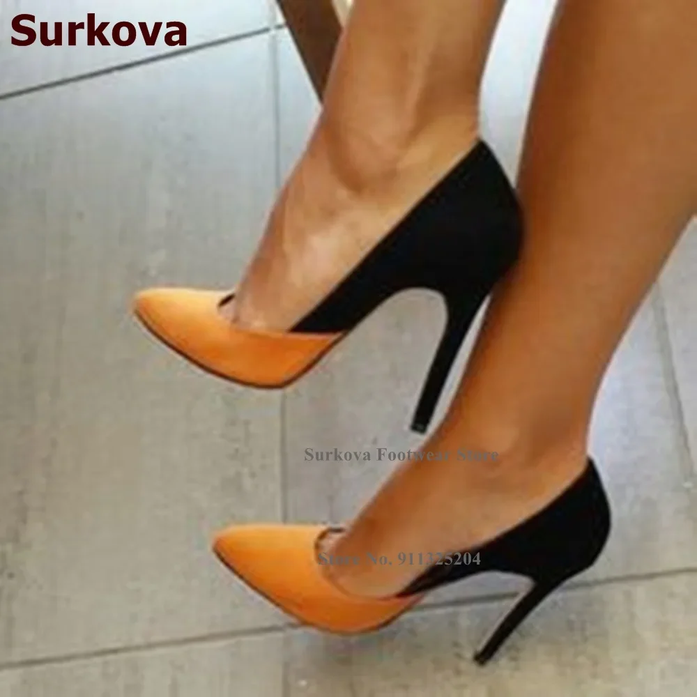 

Surkova Black Orange Suede Patchwork High Heel Shoes Shallow Cut Pointed Toe Dress Pumps Slip-on Gladiator Nightclub Footwear