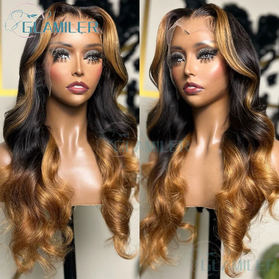 

#1b/27 Highlight Black Blonde Natural Wavy Long 13x4/360 Lace Front Human Hair Wigs Pre Plucked Wave 5x5 Silk Top Closure Wigs