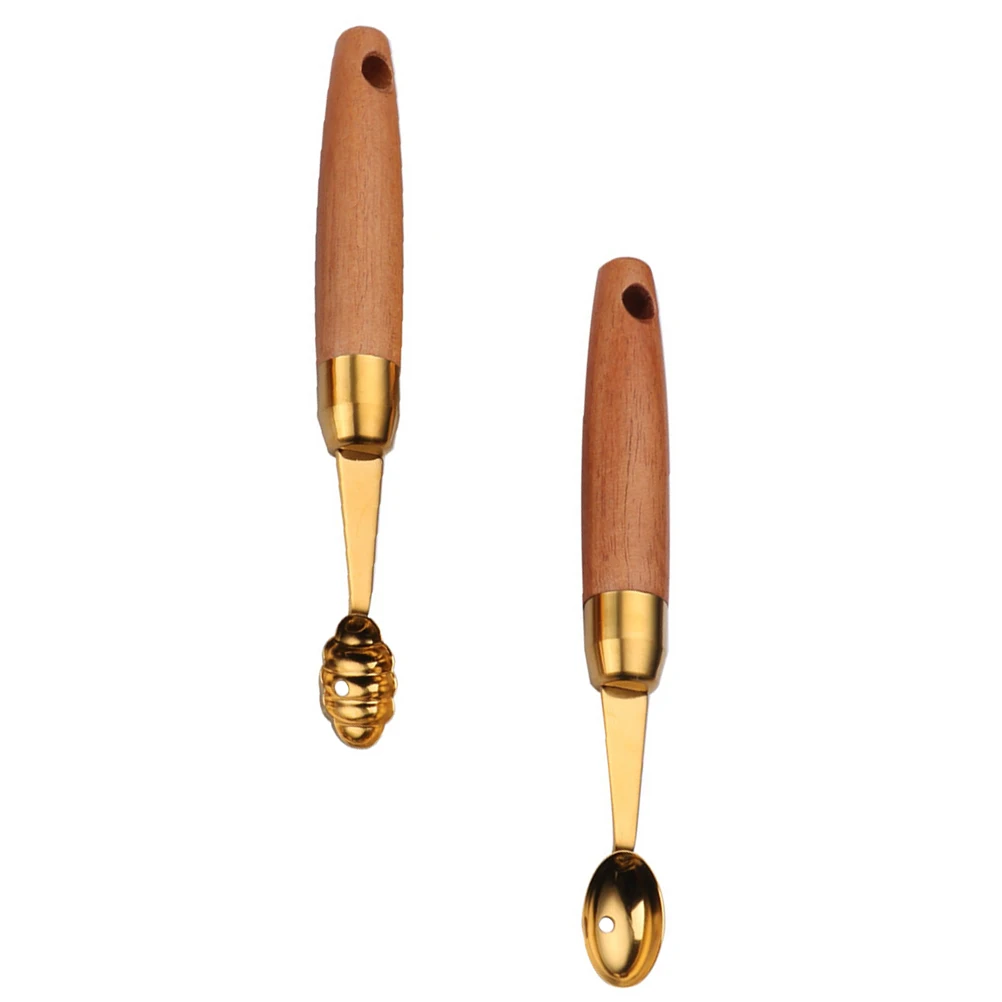 2 Buah Sendok Penggali Buah Peralatan Dapur Pegangan Kayu Baja Tahan Karat untuk Semangka Pantalon Mentimun Baller Buah Naga