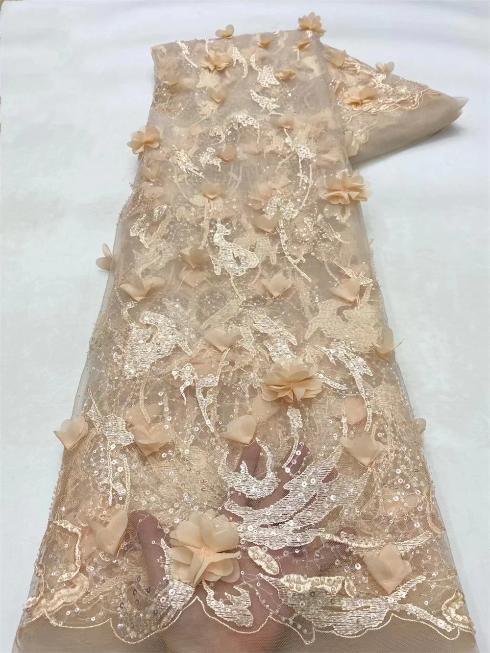 

African 3D Beads Lace Fabric for Wedding, Nigerian Sequins, French Embroidered Flower High Quality,Peach Wedding Dresses A65-3