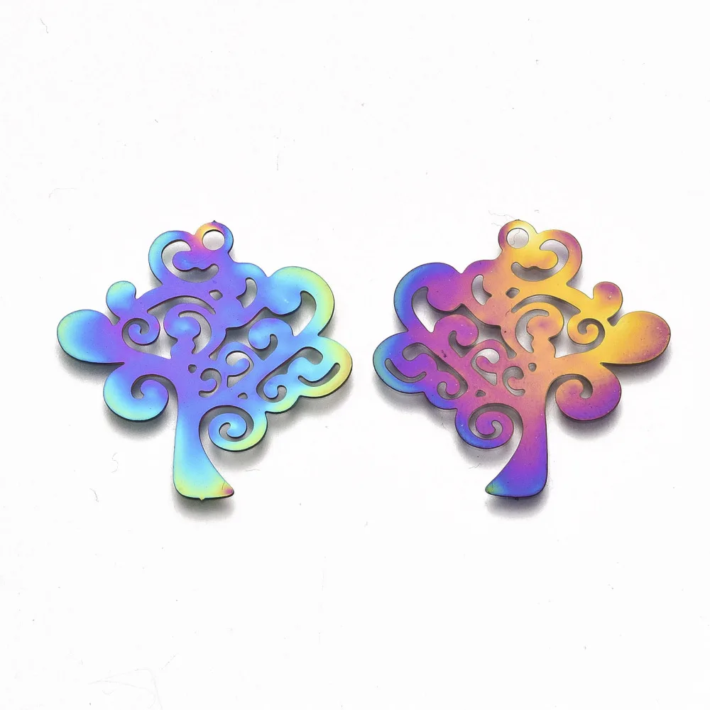 5Pcs Jewelry Making Charms 201 Stainless Steel Pendants Etched Metal Embellishments Tree of Life Rainbow Color for Women DIY
