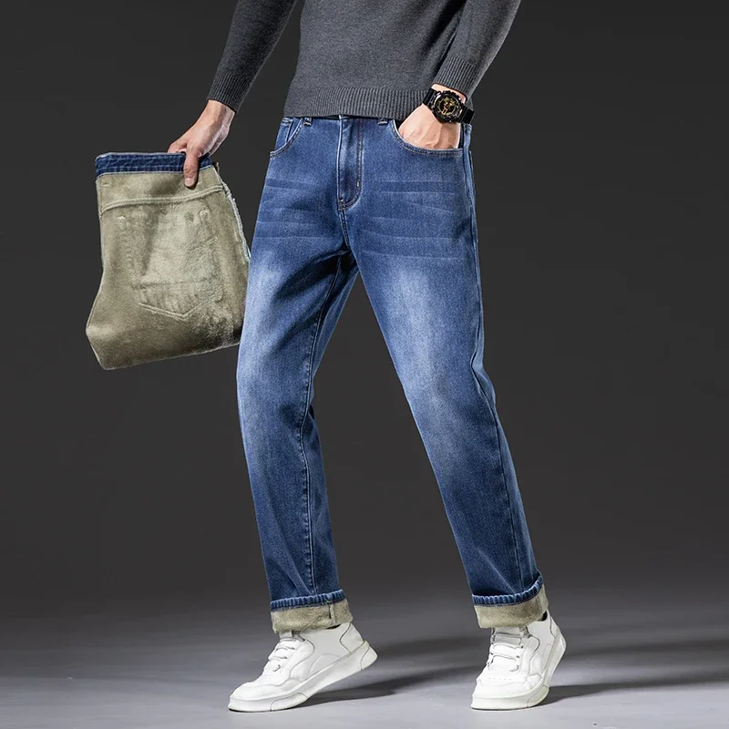 Plus Size 40 42 44 46 Winter Warm Men's Loose Jeans Business Fashion Stretch Fabrics Fleece Thickened Denim Pants Male