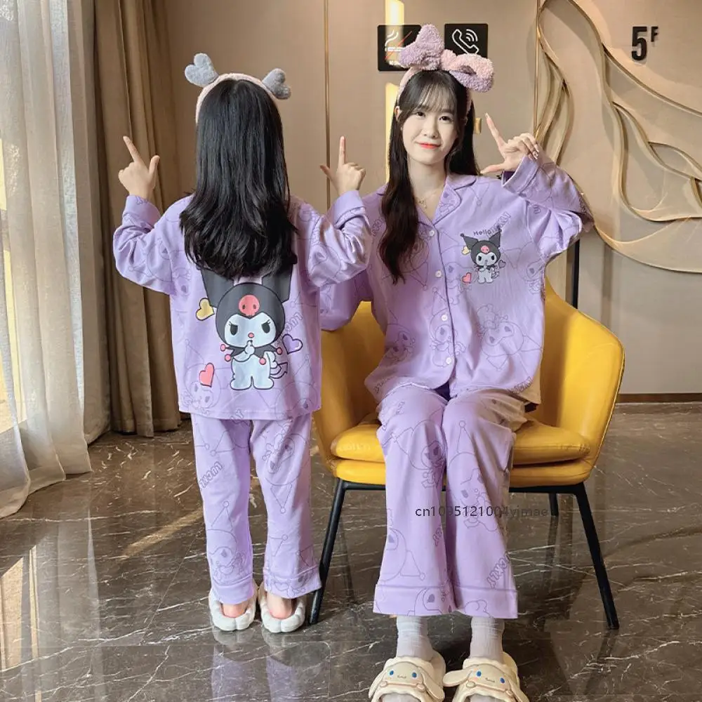 

Kawaii детские пижамы Melody Kuromi Cinnamoroll аниме для девочек, хлопковый кардиган с откидным воротником и длинными рукавами, брюки, одежда для сна, домашняя одежда