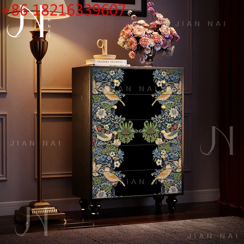TAO American medieval style five buckets and six buckets Chinese flower and bird picture living room sofa side drawer storage