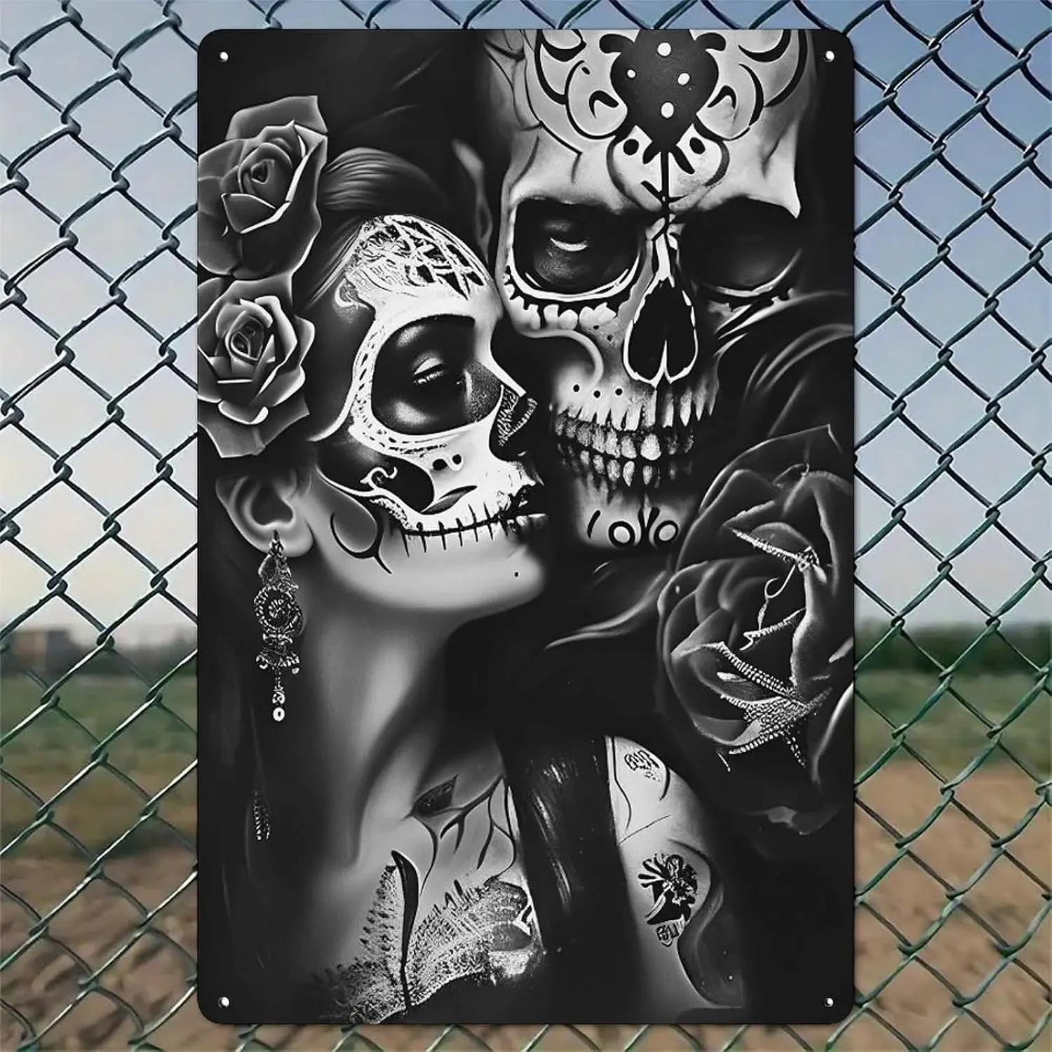 Halloween Decorations Sugar Skull Embrace Roses Rustic Aluminum Wall Art & Metal Tin Sign - in Vintage Indoor Outdoor Decor