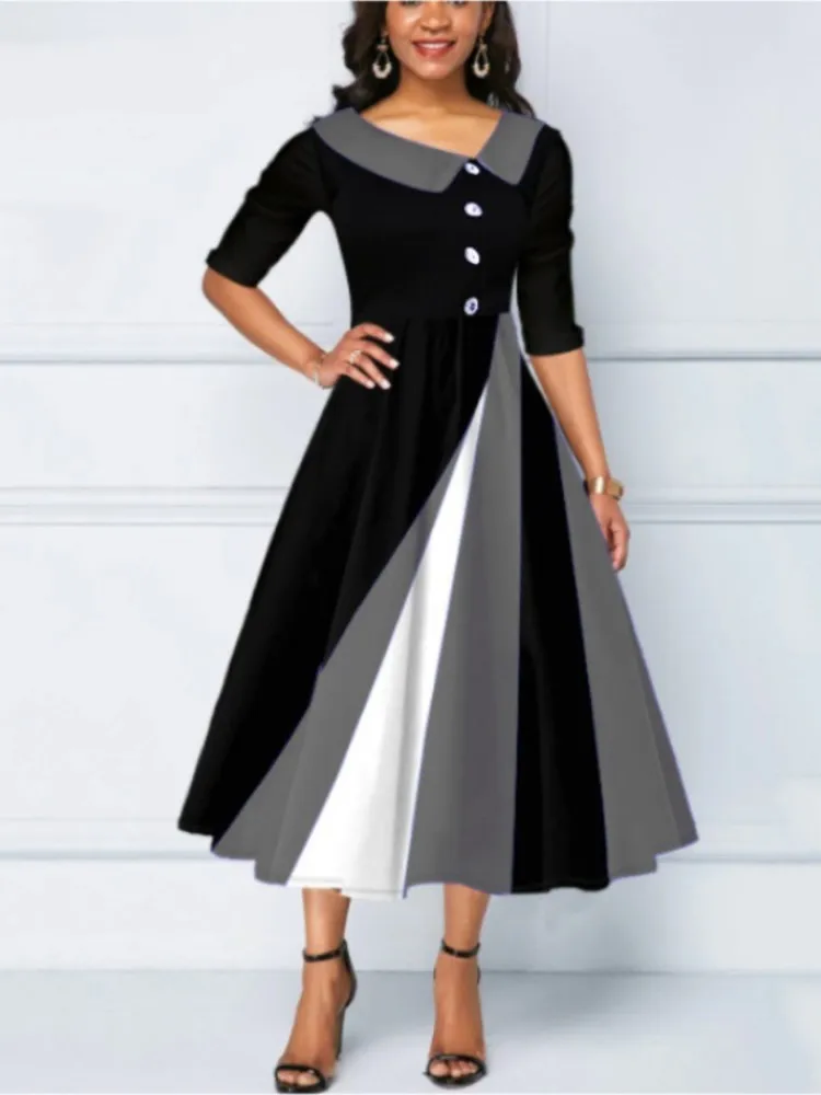 Spring Autumn Women\'s New Button Decoration Fashion 3D Printing Large Swing Five Step Sleeve Doll Neck Long Dress