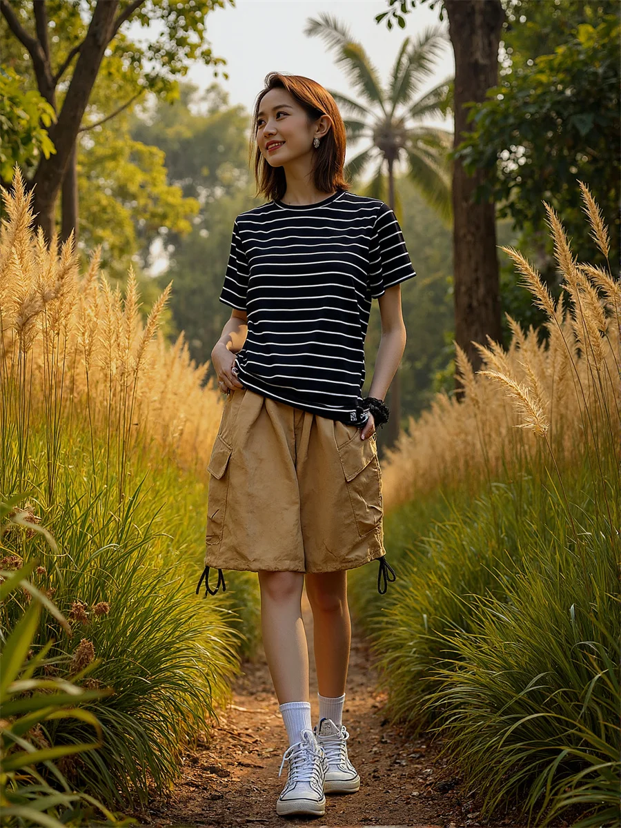 Pantaloncini multitasche a gamba larga Donna Office Lady Elegante A-Line Bottoni classici Vita alta Moda Chic Streetwear Preppy Dimagrante