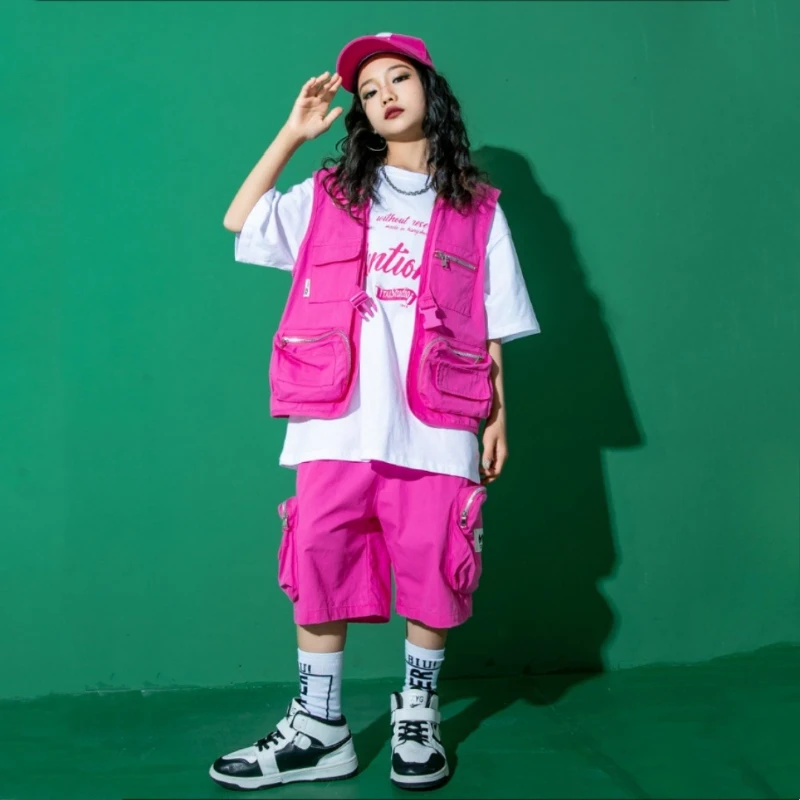 Girls Jazz Dance Costume Hip Hop Clothing White Short Short T Shirt Pink Vest Pants Group Modern Dance Performance Stage Wear