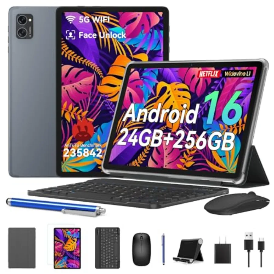 

2026 Tablet Android 16 10 Inch with Keyboard Mouse Stylus 24GB+256GB/2TB TF Widevine L1 Octa-Core 8MP AI Camera 1080P 5G WiFi O