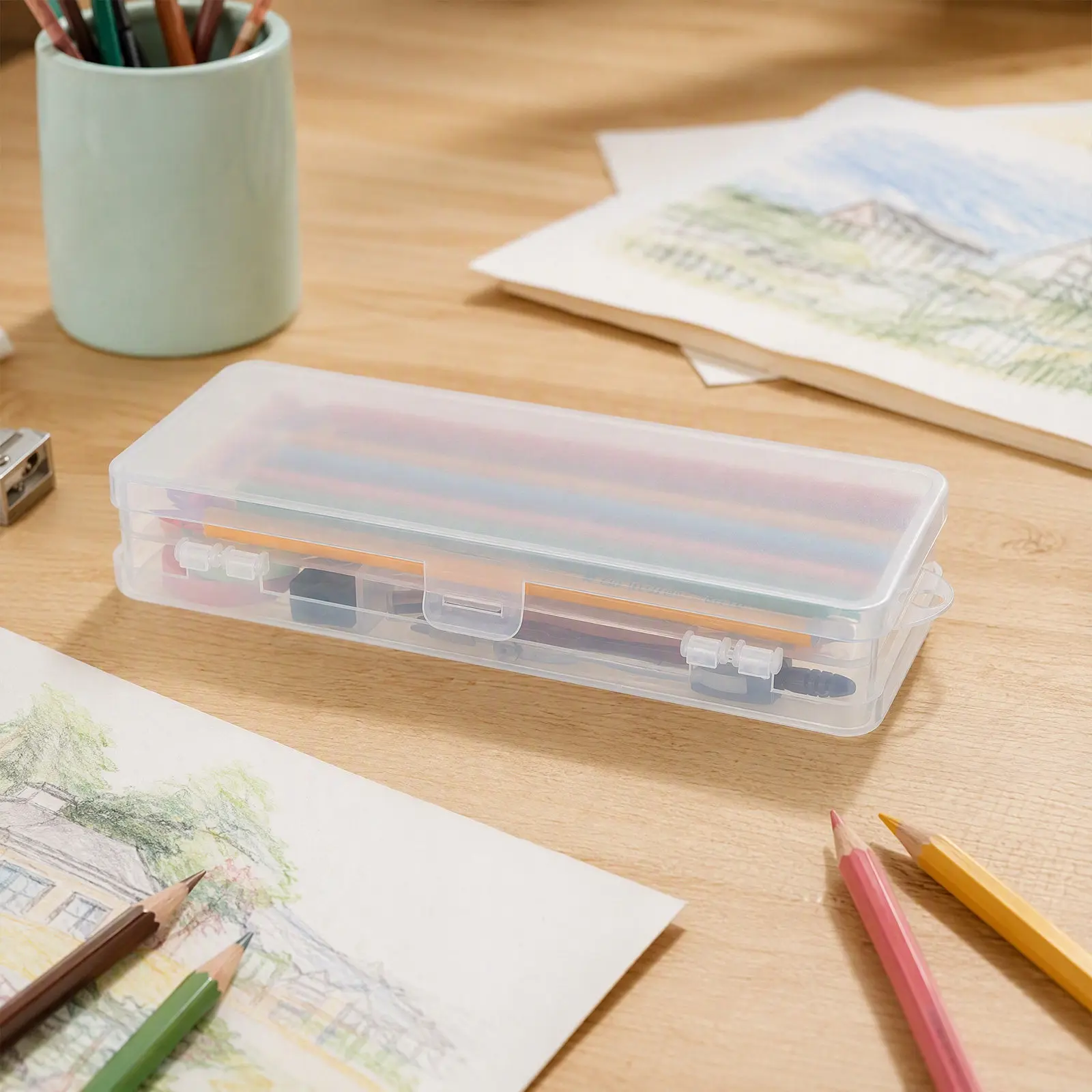 Transparent Frosted Double Layer Pencil Case High Capacity Multi-Compartment Snap-Lock Plastic Pencil Box Organizer for Kids
