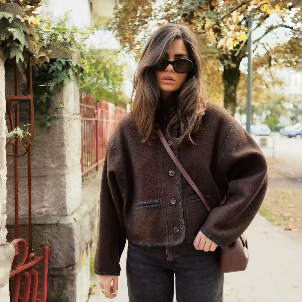 

Женская новая модная и универсальная однобортная теплая куртка PB & ZA2024 с длинными рукавами и воротником-стойкой