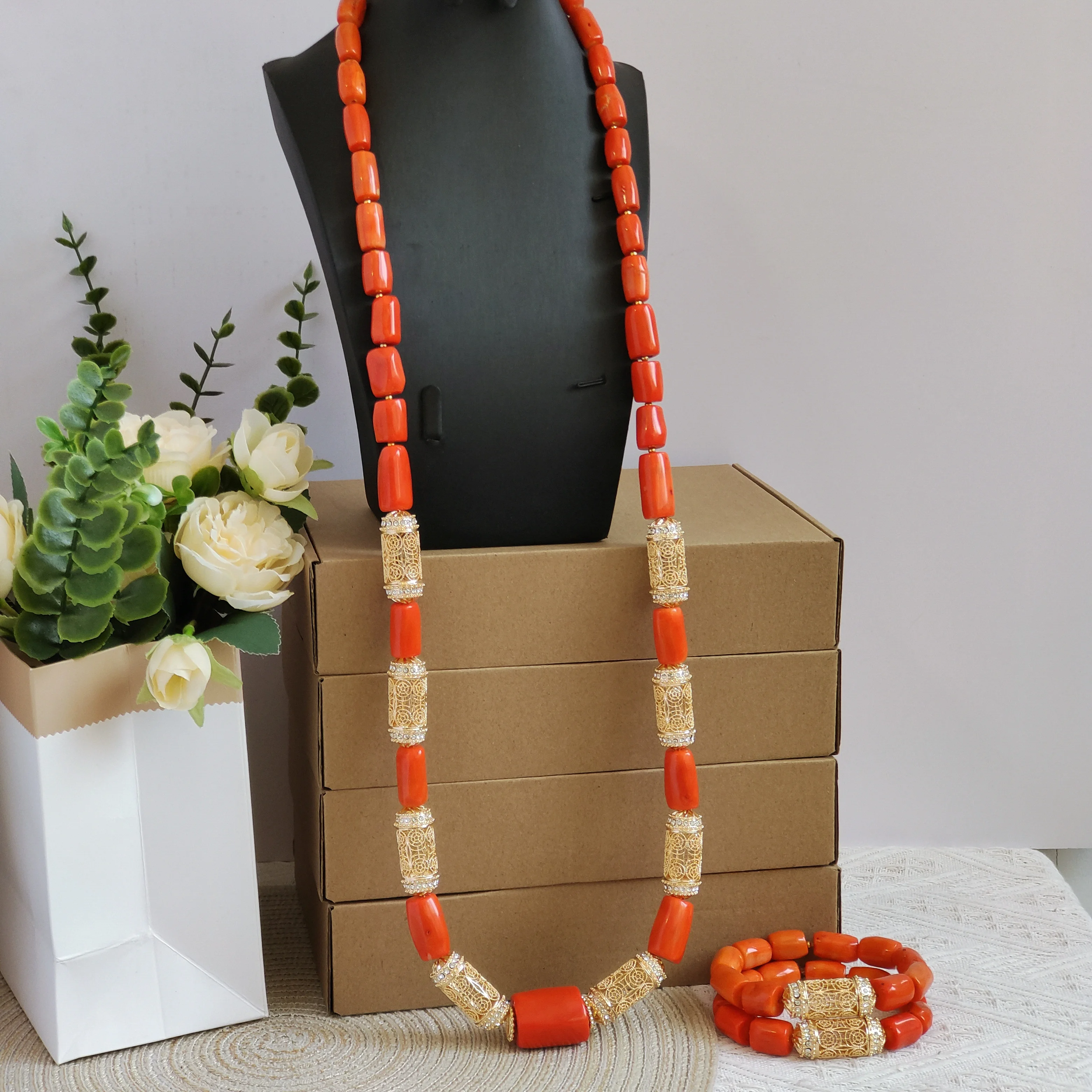 

Aczuv 50inches nigerian groom necklace bracelet original coral beads jewelry set for men