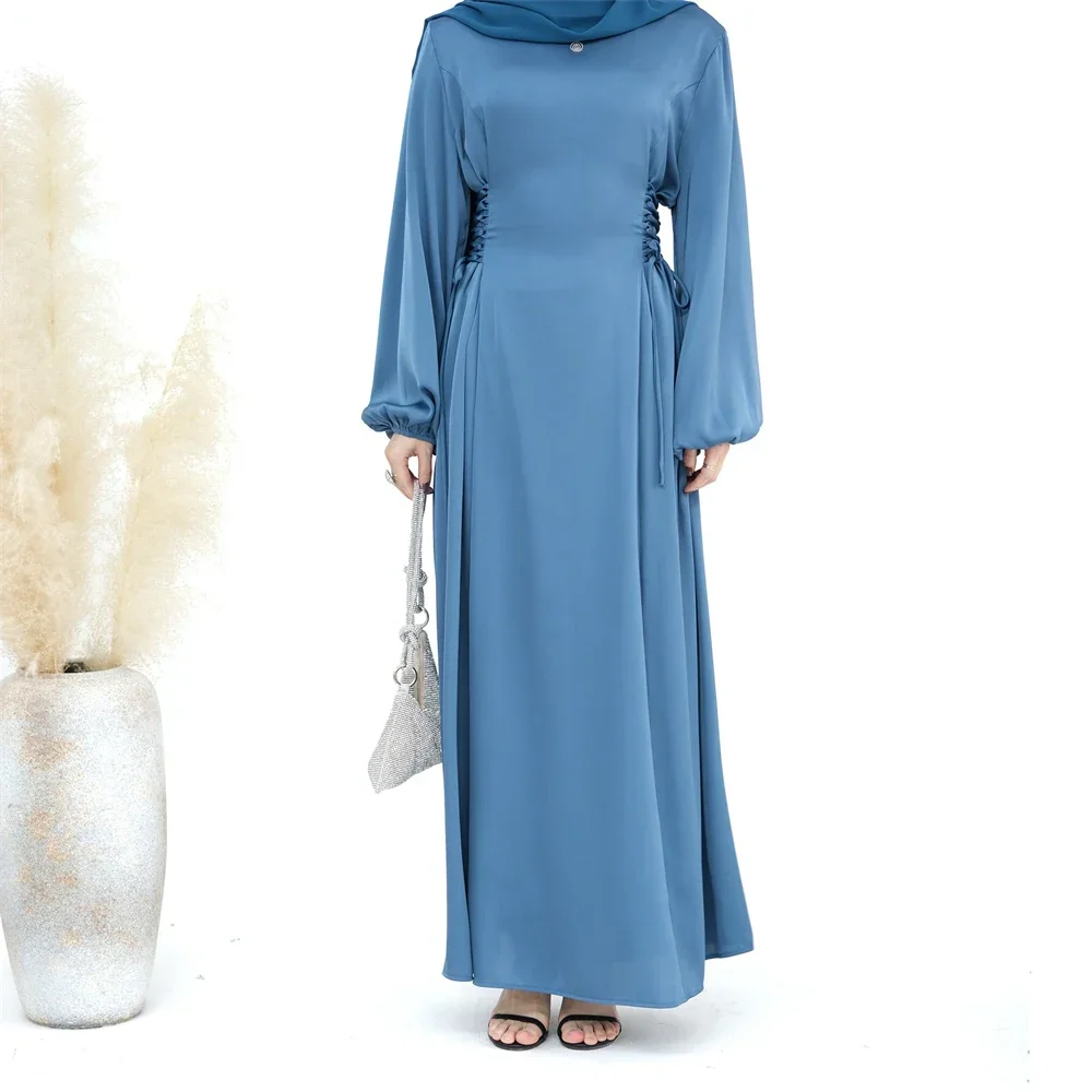 

Satin Muslim Dress for Women 2026 Eid Ramadan Drawstring Lace Up Abaya Dubai Turkey Kaftan Modest Robe Islamic Clothing Vestidos