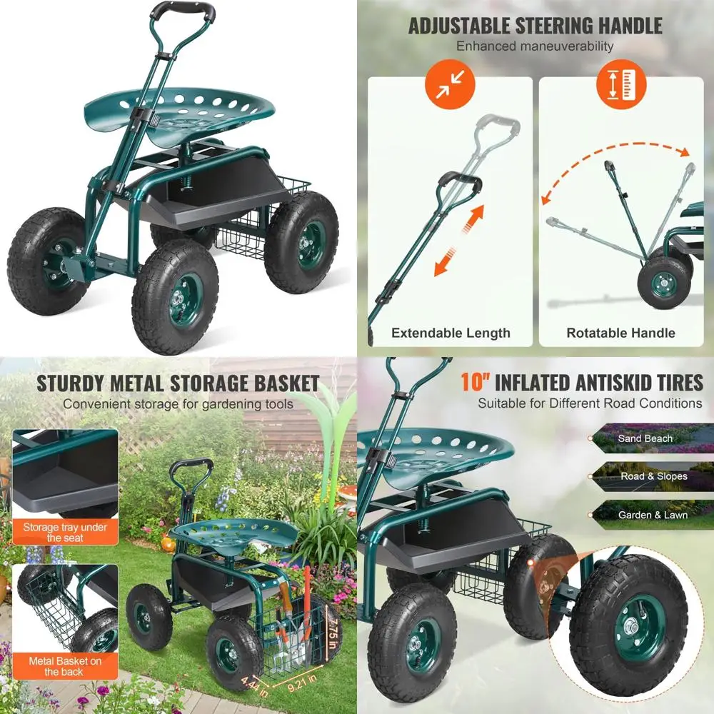 

VEVOR Garden Cart with Swivel Seat and Wheels - Portable Planting Stool and Wagon Scooter with Steering