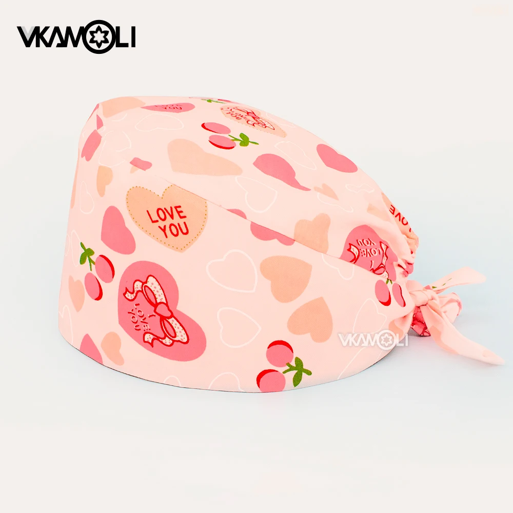 Wholesale Pink flower Printed Lady doctor Nurse Hat Adjustable Scrub Hat Beauty Salon Nursing Cap Laboratory Pet Shop Scrub Hat