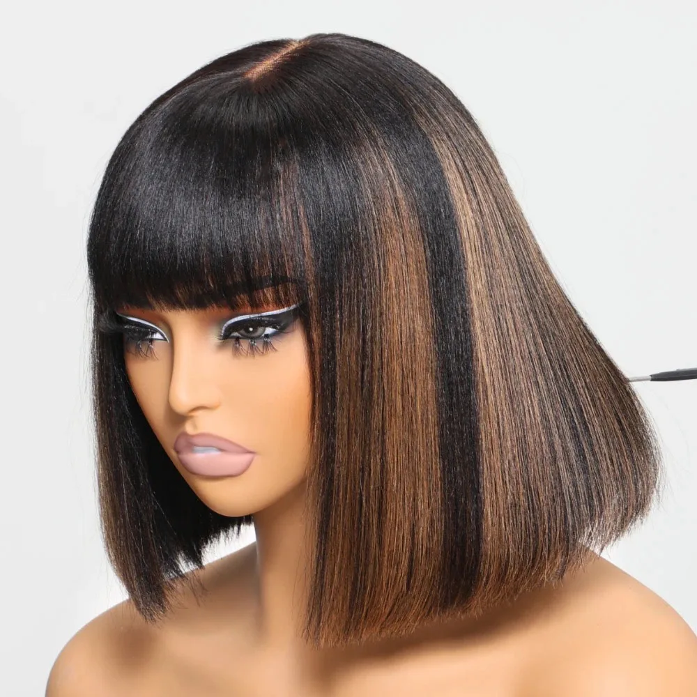 Balayage Highlight Yaki Straight Bob Wig With Bangs Real Scalp Middle Part 3x1 Lace Wig 100% Human Hair Put & Go Short Bob Wigs