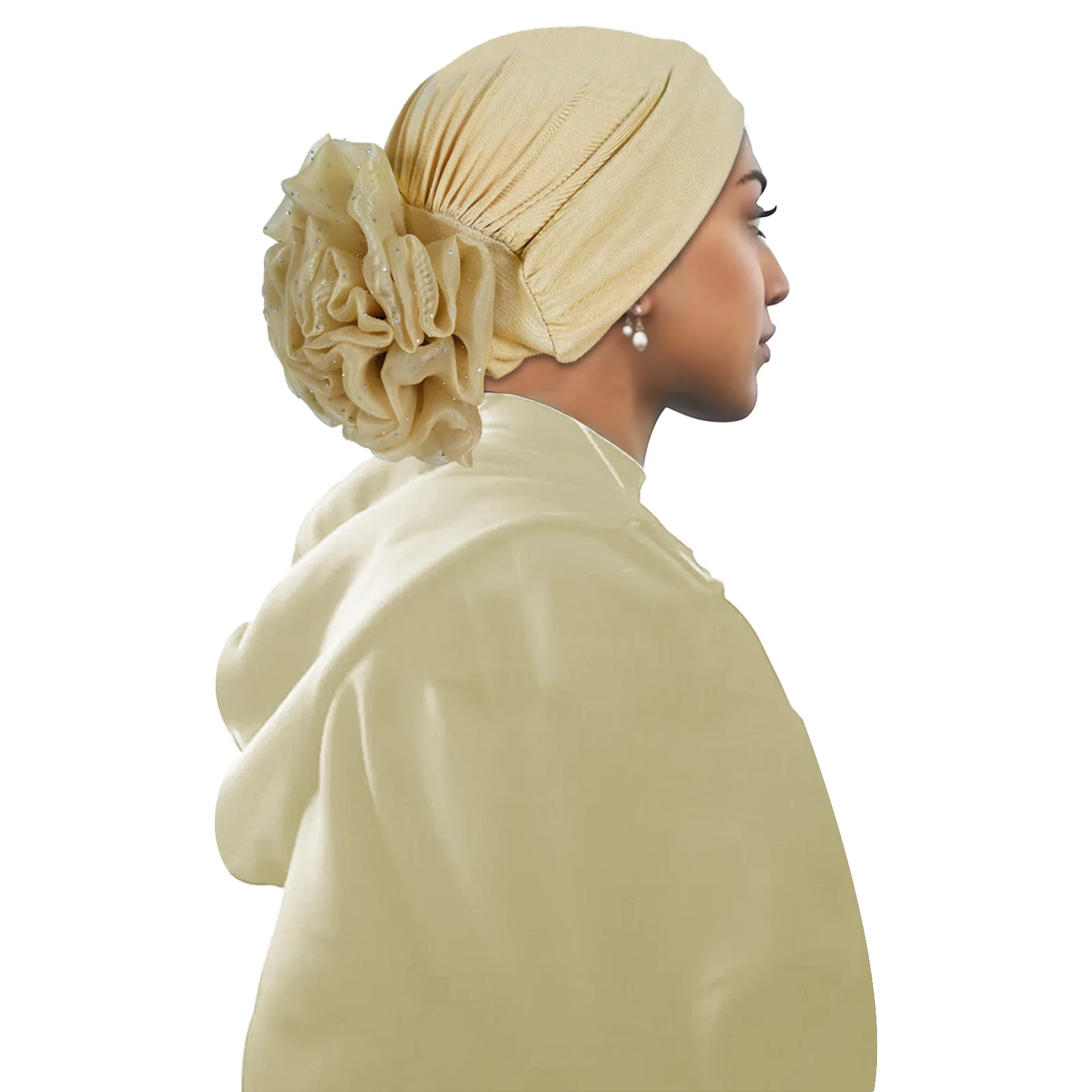 

Индийский мусульманский женский тюрбан с большим цветком, кружевная внутренняя шапка-хиджаб, эластичный нижний шарф, капот, шапка от выпадения волос, повязка на голову, однотонные цвета