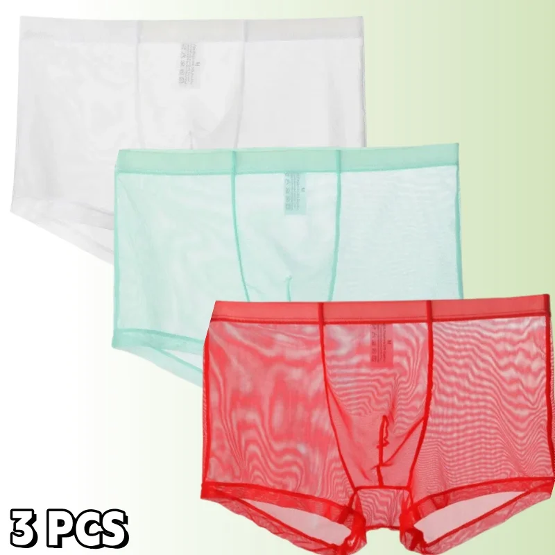 3 PCS Transparent Boxers for Men See Through Male Underpants Sexy Low Waist Panties Lingerie Intimates