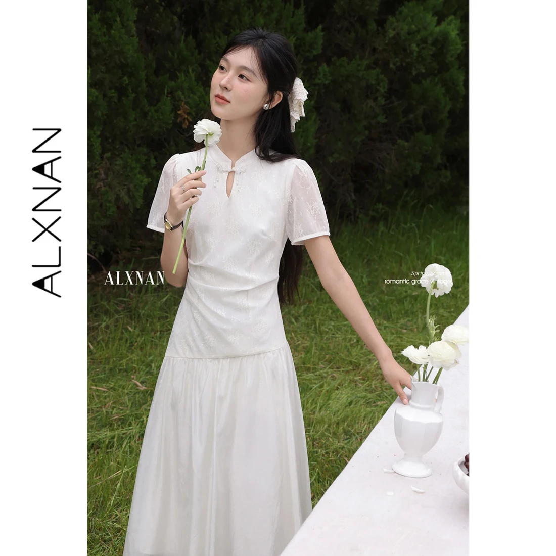 ALXNAN New Chinese Style Qipao Collar Dress Women Off White Thin Mesh Short Sleeve Elegant Ladies Summer Long Dress DYL661784