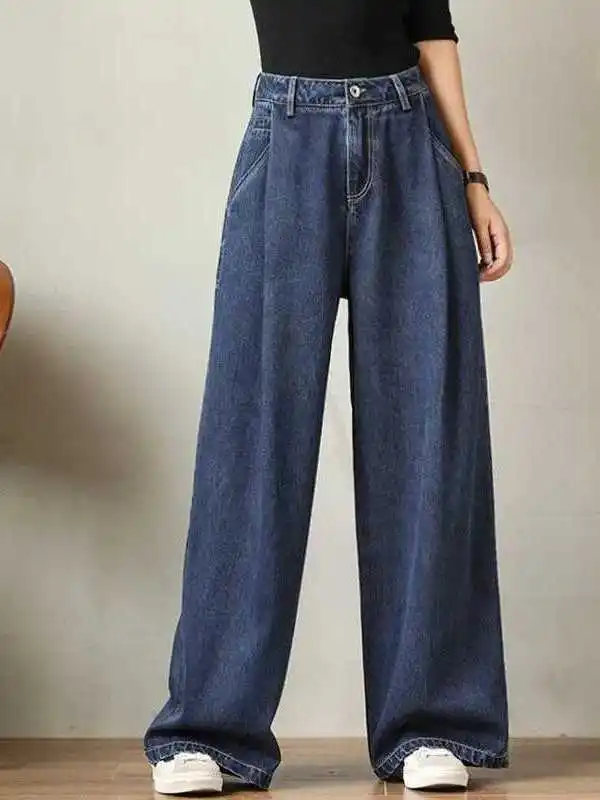 

High Waist Wide Leg Loose Fit Jeans Autumn Collection Women's Faion Cleanfit Sle Mid-aged Friendly PU Material