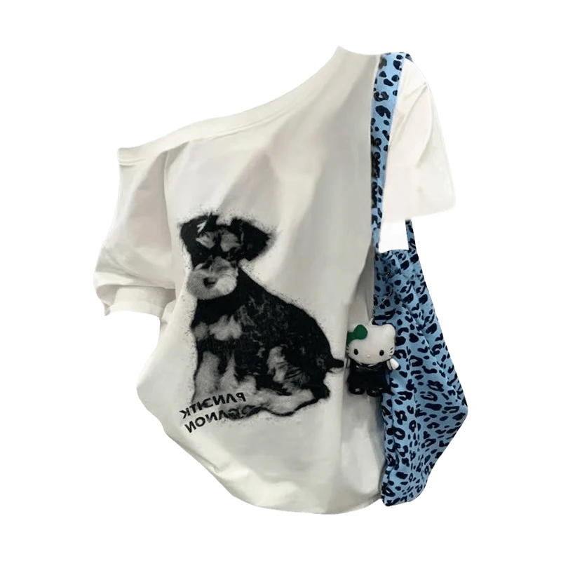 FUYUELULU Schnauzer Print One Shoulder Ort Sve T-irt Atasan Musim Panas Baru Wanita Kasual Nyaman Longgar