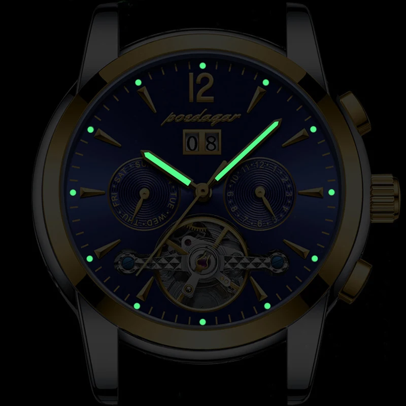 POEDAGAR Luxury Tourbillon Mechanical Watch for Men Stainless Steel Waterproof Luminous Fashion Automatic Calendar Mens Watches