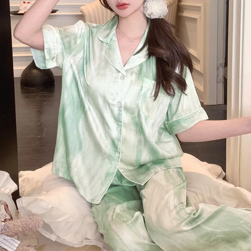 Women Casual Pajamas Sleepwear Faux Silk Satin Pajama Set Nightgowns Top & Pants Nightclothes 2 Pieces Set Loungewear Outfits