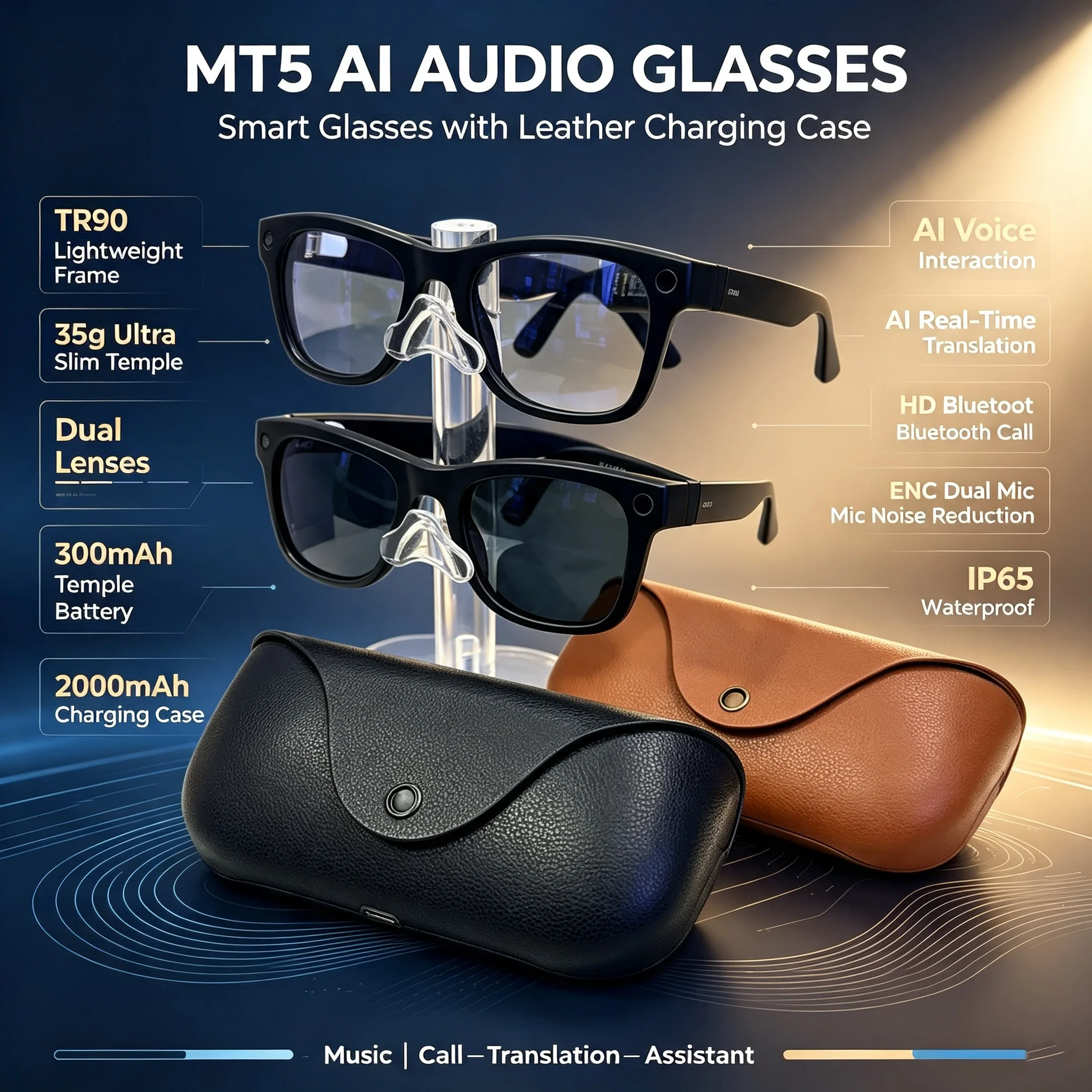 Smart AI Glasses MT5 Ultra 8MP HD Camera Video Recording Voice Call With Charging Case Intelligent AI Translation Glasses