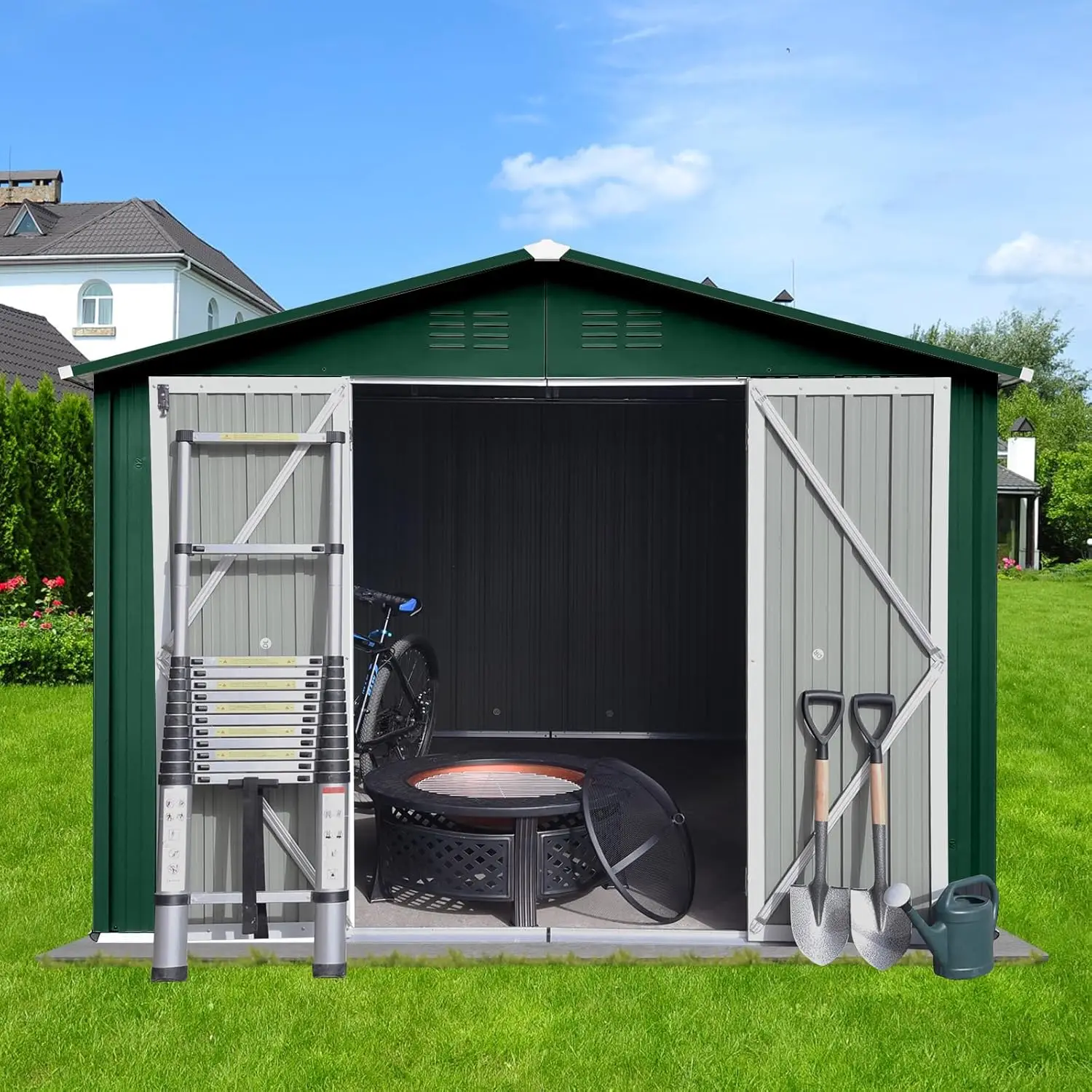 Metal Shed Style Storage Room com ventilação, porta com dobradiça e cadeado, vertente ao ar livre, 10 pés X 8