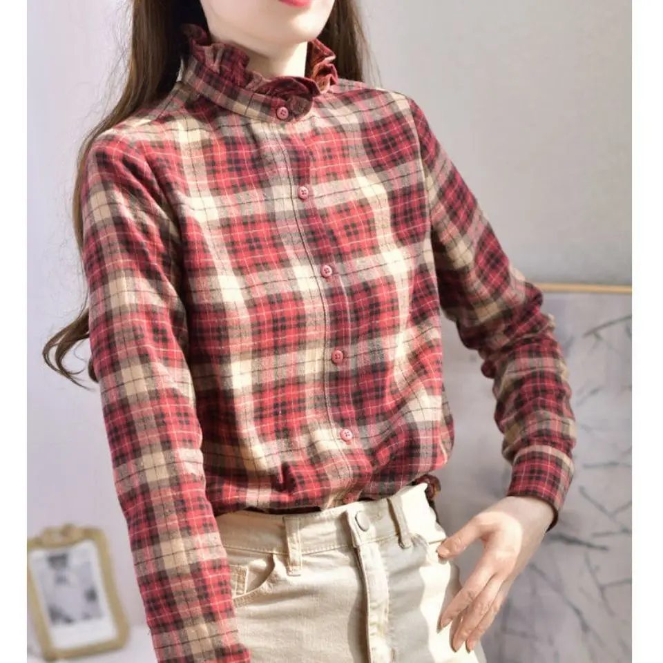 Blus kotak-kotak Vintage lengan panjang wanita, baju atasan Korea Chic baru, mantel Musim Semi dan Gugur, baju kerut leher tinggi mewah, baju lengan panjang wanita kotak-kotak