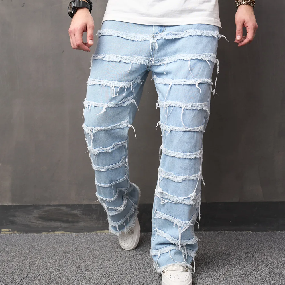 High street Men Loose Stacked Spliced Biker Jeans Straight Trousers Męskie hip hopowe stylowe spodnie motocyklowe dla mężczyzn