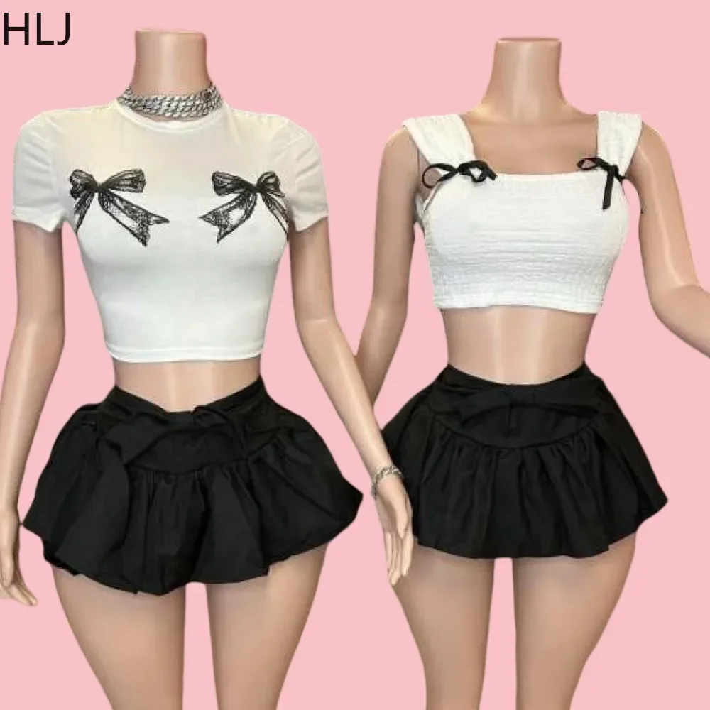 HLJ&GG White Sweet Y2K Bow Puffy Mini Skirts Shorts Two Piece Sets Women Short Sleeve Slim Top And Skirts Outfits Streetwear