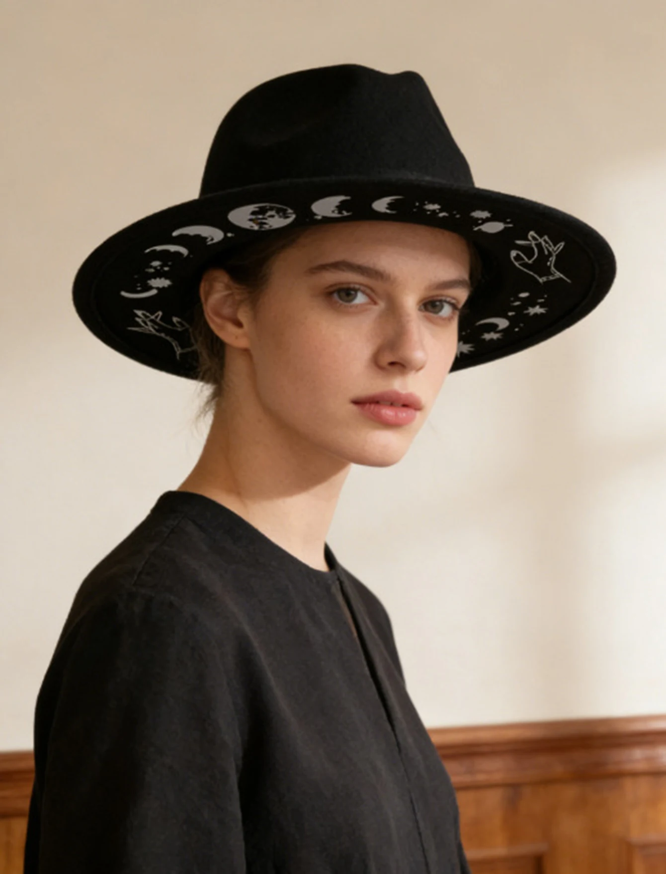 Gothic Witch Hat Wide Brim Fedora Hat Celestial Moon Phase Star Galaxy Mystic Symbol Alternative Fashion Halloween Cosplay Party