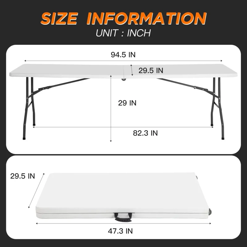 8FT Picnic Table Folding Table Camping Table Plastic Table Fold Up Table Lock for Party Event,White