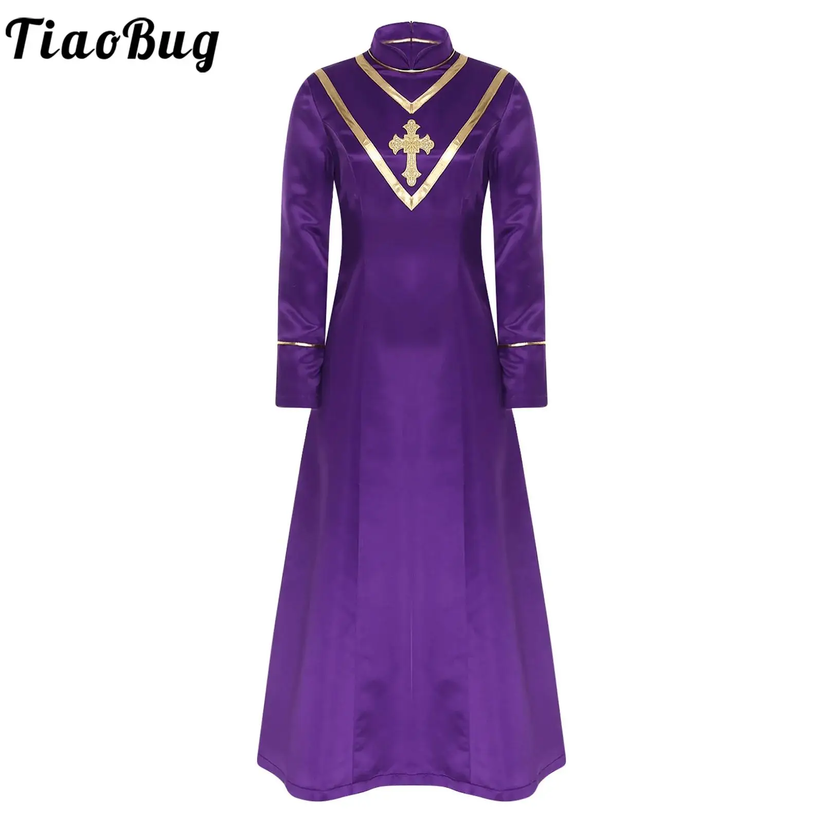 

Women Priest Cleric Cassocks Dresses Long Sleeve Embroidered Cross Metallic Trim Zipper Robe for Halloween Church Clergy Cosplay
