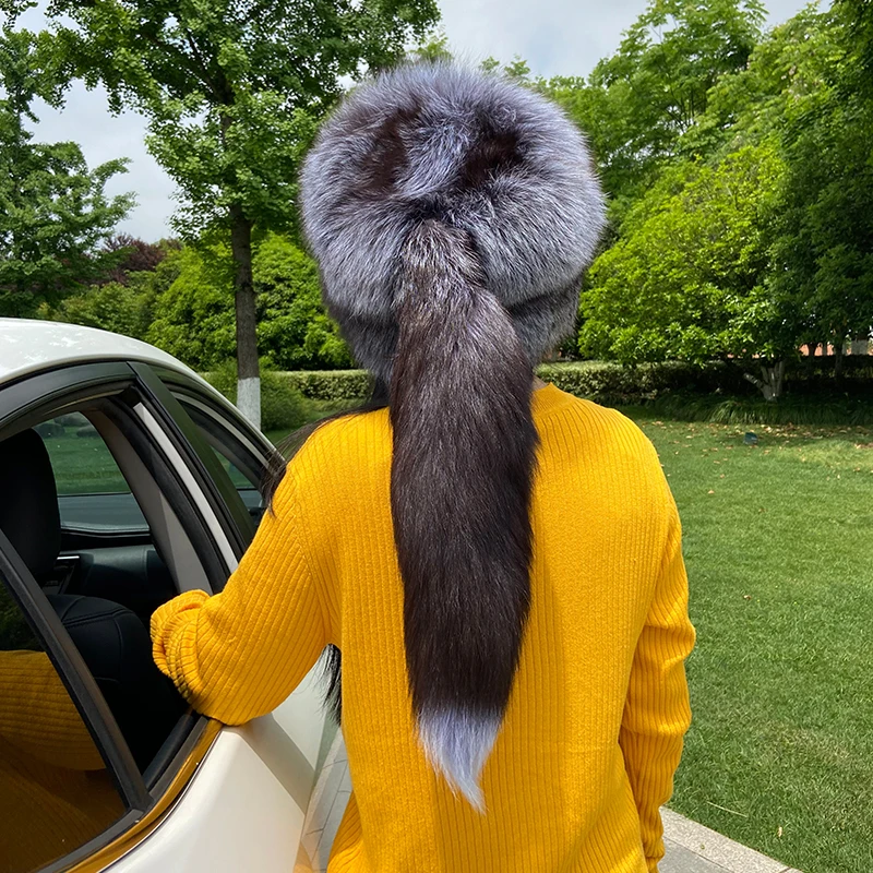 2022 New Style Winter 100% Real Fox Fur Hat Women Trapper Snow Skiing Hat Caps Earflap Luxury Silver Fox Fur