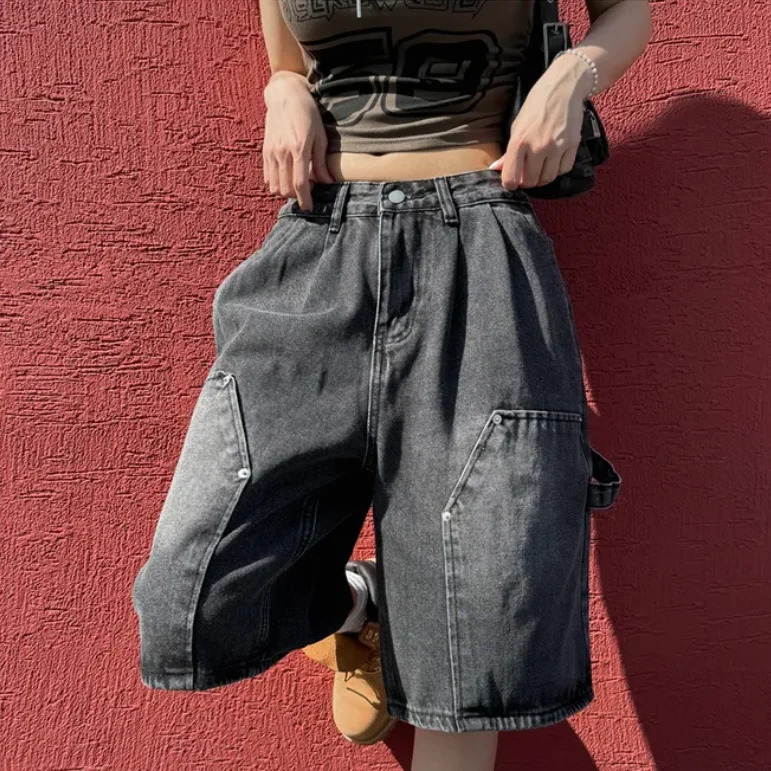 

High Waist Wide Leg Five-Quarter Short Jeans Women's Loose Fit Casual Style Black Grey Street Fashion Summer Thinming Shorts