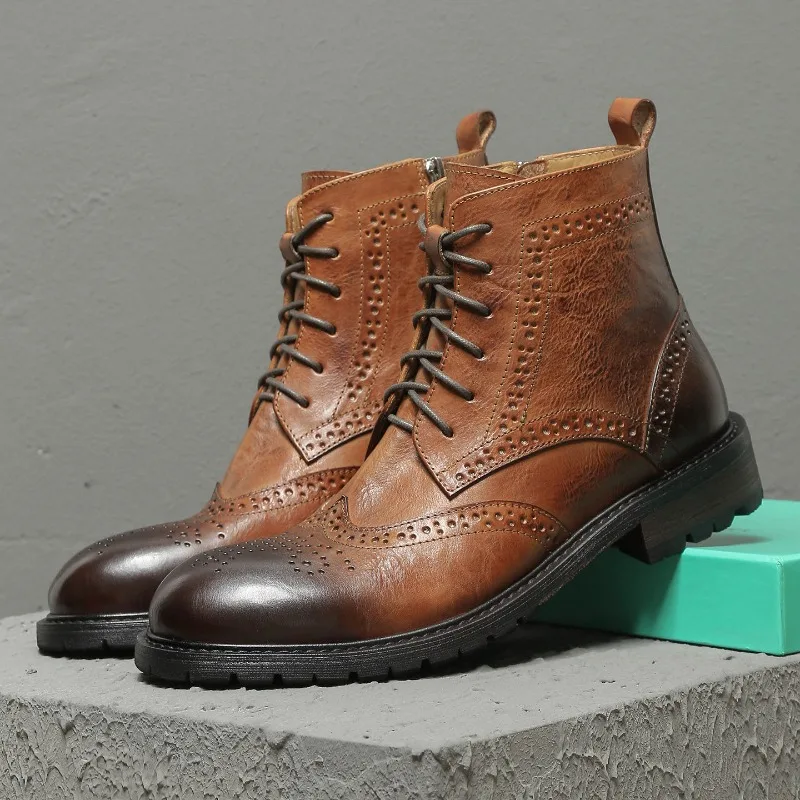 Autumn Winter Snown Combat Genuine Leather Side Zipper Lace‑Up Chelsea Boots Men's Work Cowhide Thick Soled Ankle Boots Male