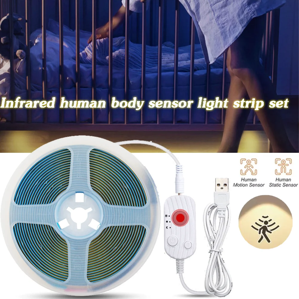 

5V USB 1M-5M COB LED Strip Light PIR Motion Sensor LED Tape Light Warm White 320LEDs/m Dimmable Timer ON/OFF for Cabinet Kitchen