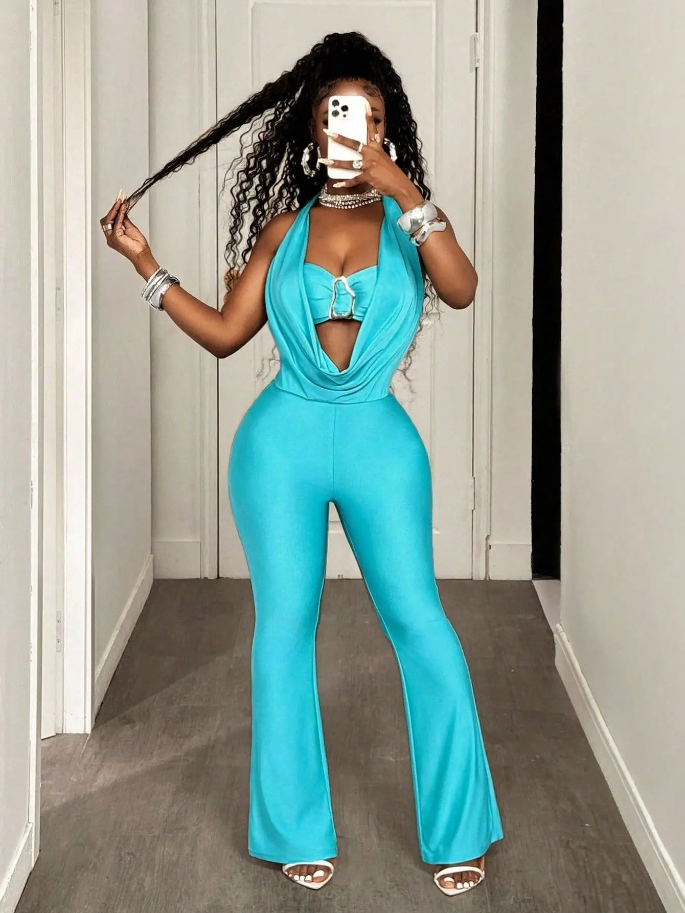 

Women Halter Pile Collar Backless Sleeveless Long Jumpsuit 2025 Fall Sexy Evening Party One Piece Rompers Outfits