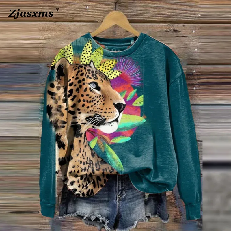 Women Hoodie Retro Round Collar Tiger Pattern 3D Print Sweatshirts Autumn Winter Long Sleeve T-Shirt Female Loose Pullover Tops