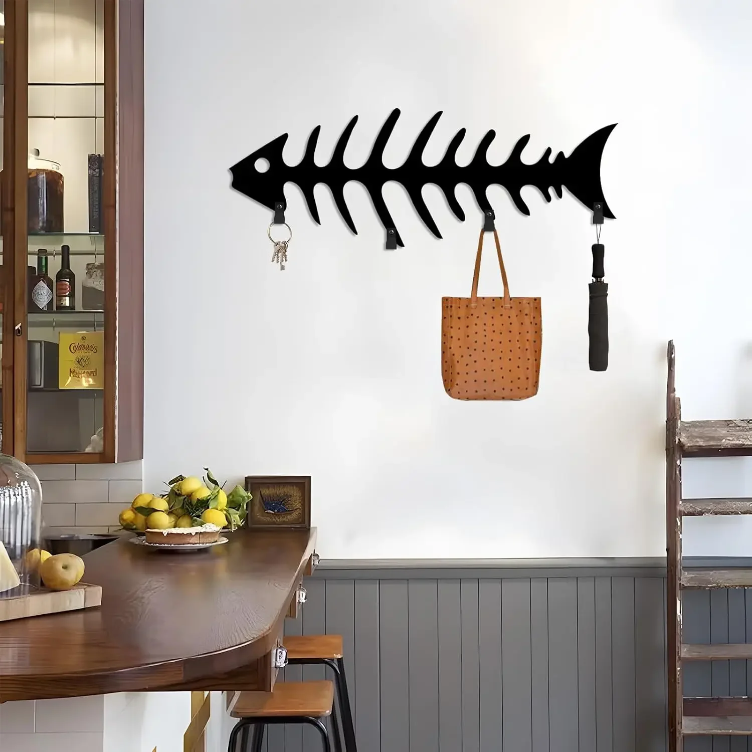 Fish Bone Coat Rack Wall Mount, Fish Bone Wall Hooks, Ocean Themed Coat Rack, Nautical Beach Decor, Space Saving Wall Hanger for