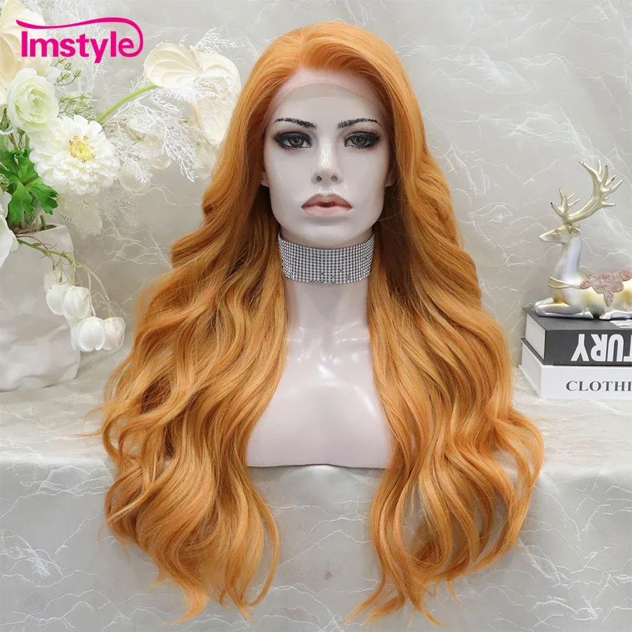 Imstyle Synthetic Lace Front Wig Natural Wavy Ginger Long Wig for Women Orange Cosplay Wig Heat Resistant Fiber