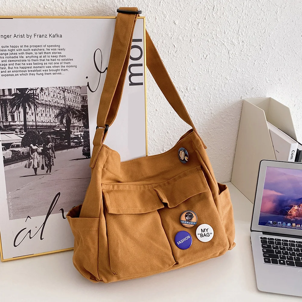 

Винтажная женская сумка на плечо, большая вместительная мягкая холщовая сумка с значками на булавках, мужские сумки через плечо с несколькими карманами для путешествий и офиса