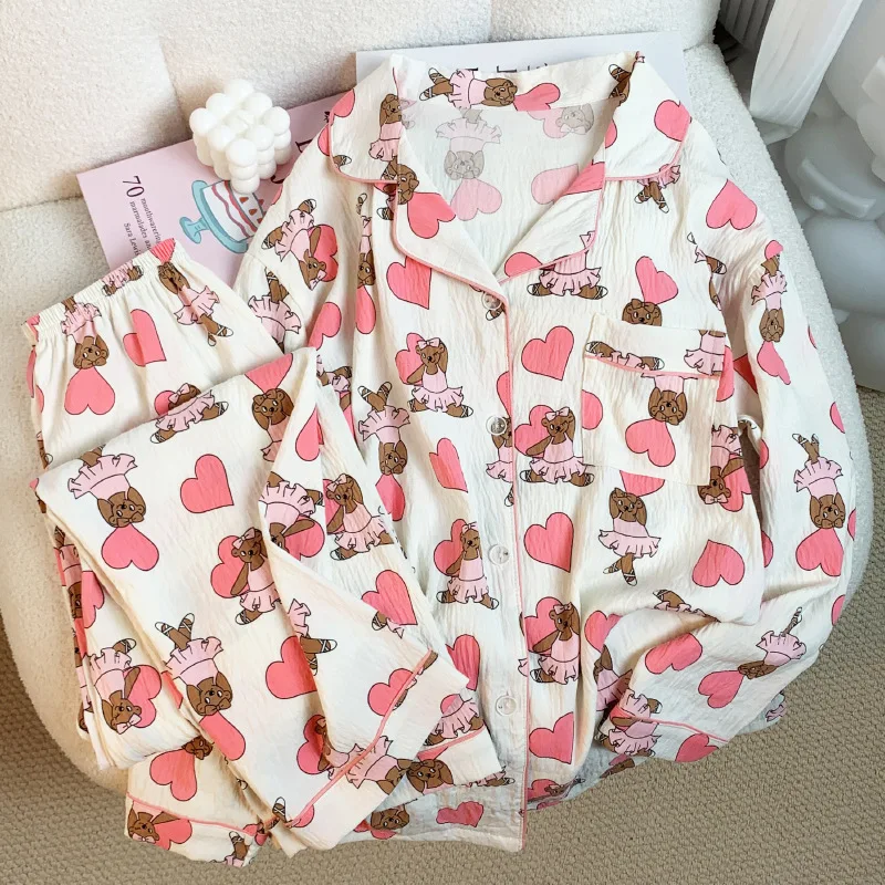 

New Ladies Spring and Fall Pajamas Homewear Set Girls Love Bear Pajamas Female Cloud Cotton Long-Sleeved Ins Casual Homewear Set