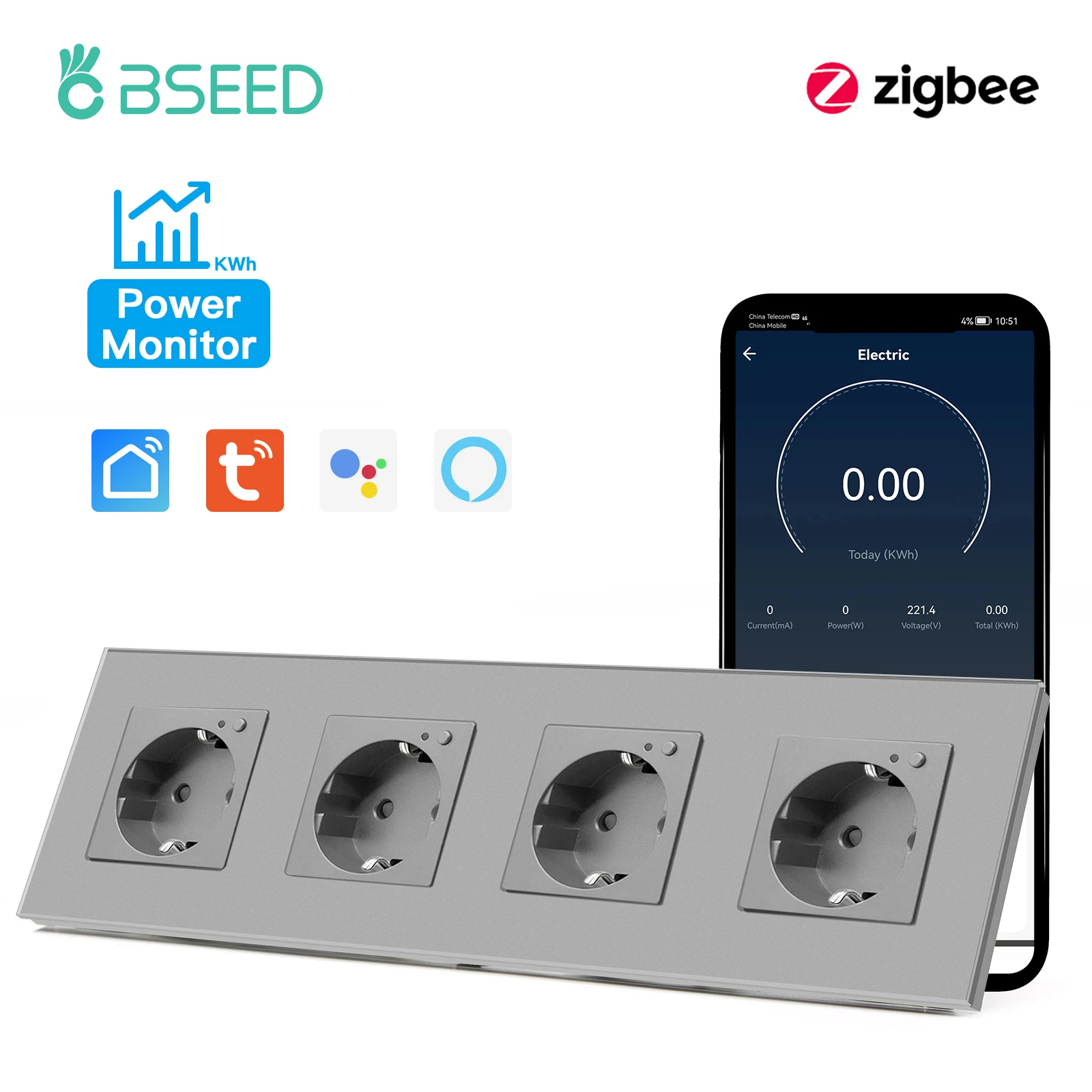 BSEED EU ZigBee Wand Steckdosen Vierbett Steckdosen 16A Power Monitor Steckdosen Glas Panel Unterstützung Tuya App Google Alexa Voice Control 6